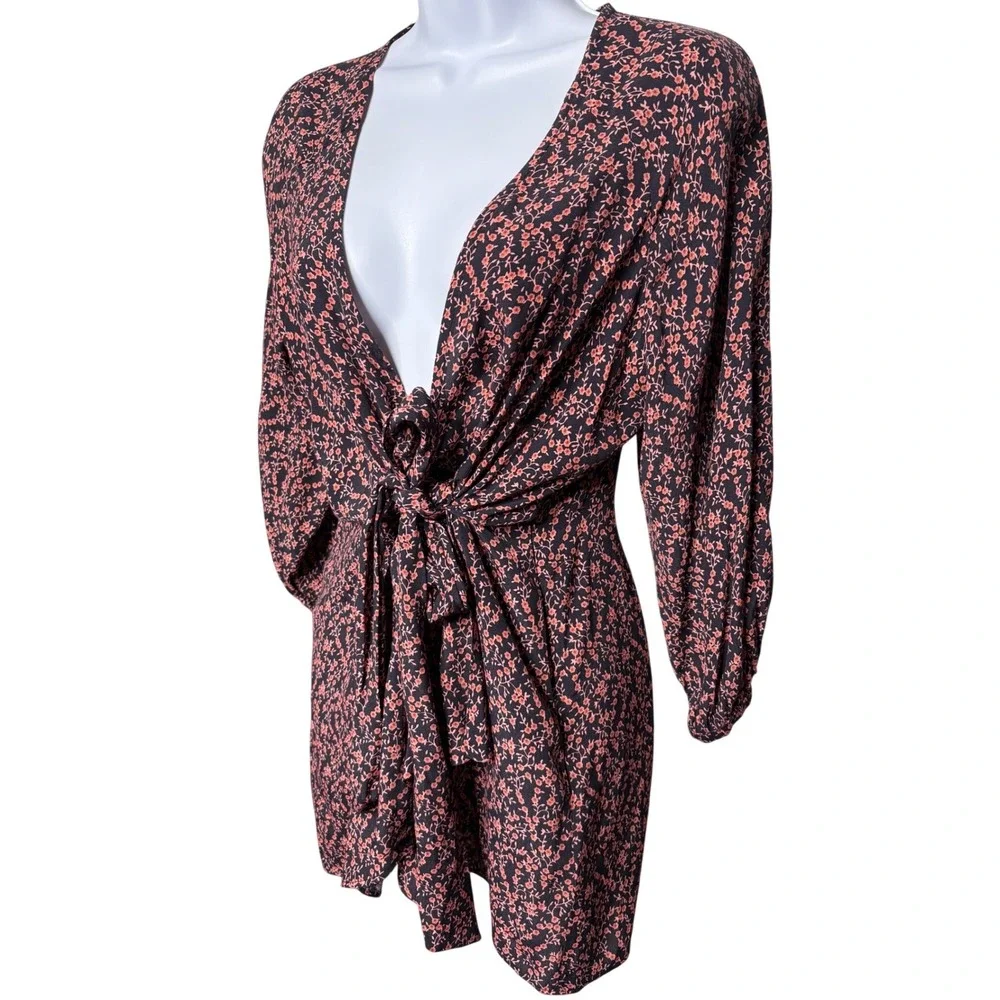 FREE PEOPLE Womens Black Floral Tie Front Mini Dress Sz S Boho Romantic Girly